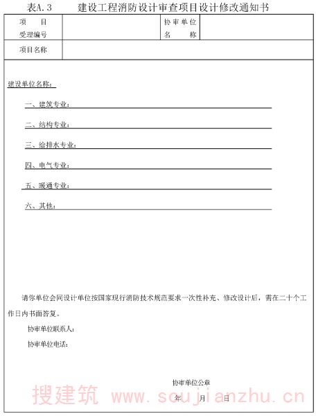 表A.3 建设工程消防设计审查项目设计修改通知书