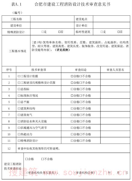 表A.1 合肥市建设工程消防设计技术审查意见书 